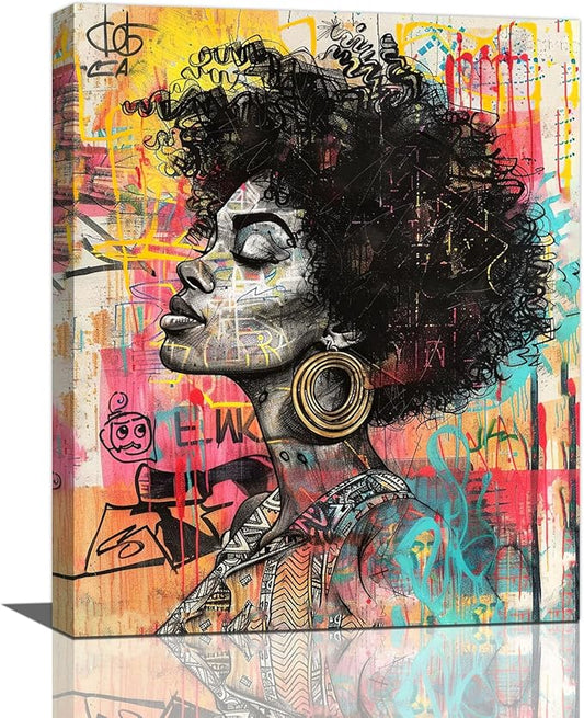 Quorin African American Wall Art Banksy Graffiti Black Woman Pictures Black Girl Wall Decor Canvas Print Painting Artwork for Bathroom Living Room Bedroom 16"x20"