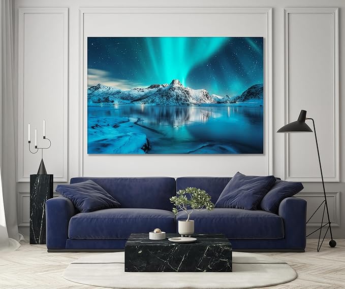 Nature Wall Art Prints - Ocean Forest Mountain Lake Canvas Landscapes - Small to Extra Large Living Room Bedroom Kitchen Bathroom Décor (Northern Lights Over Lake, 31L" x 47W")