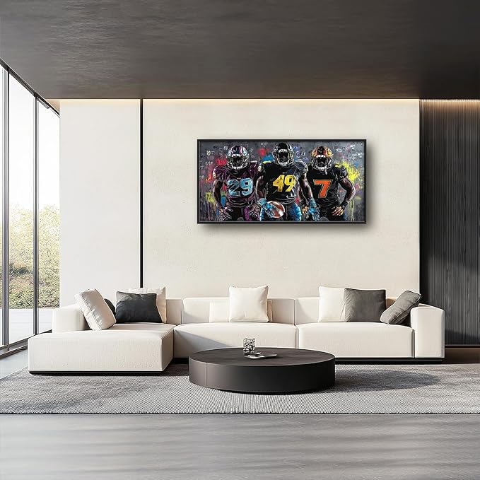 Large Rugby Player Wall Art for Living Room, Framed Oversized Graffiti Sport Wall Decor Cool Canvas Painting Pictures for Men Modern Artwork for Living Room Bathroom Bedroom Office Dining Room 60"x30"