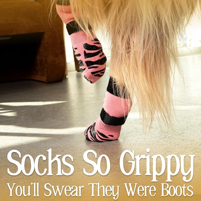 DOK TigerToes Premium Non-Slip Dog Socks for Hardwood Floors - Extra-Thick Grip That Works Even When Twisted - Prevents Licking, Slipping, and Great for Dog Paw Protection (Sassy Pink, X-Large)