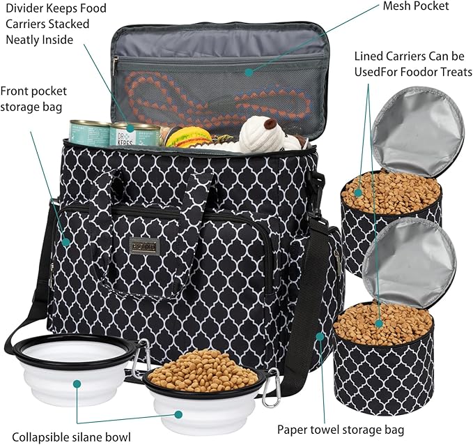 BAGLHER Dog Travel Bag, Pet Travel Bag (ALL Pet Travel Supplies), With 2 Pet Food Containers and 2 Collapsible Silicone Bowls; Essential Kits for Pet Travel DLblack