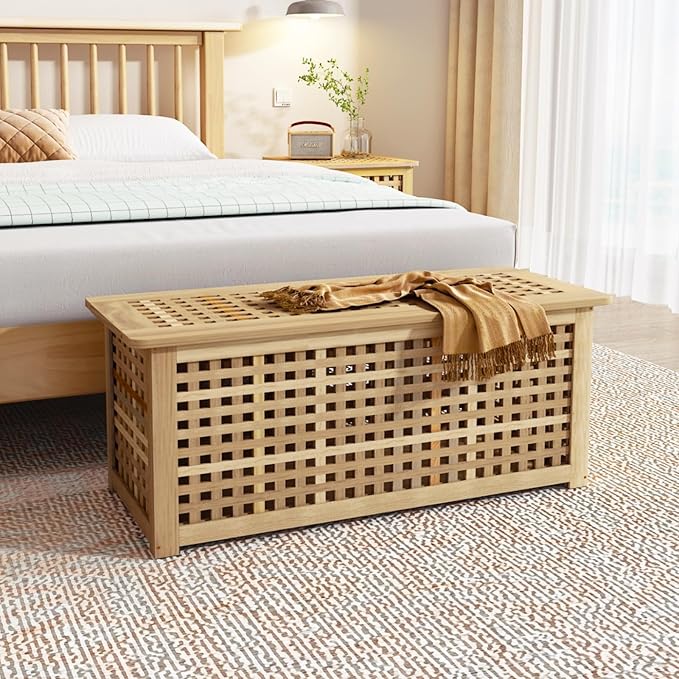 Bench with Storage, Acacia Laundry Hamper with Seat, Storage Benches with Seating for Entryway, Living Room, Bedroom, Bathroom (15.7x38.6x17.7in)