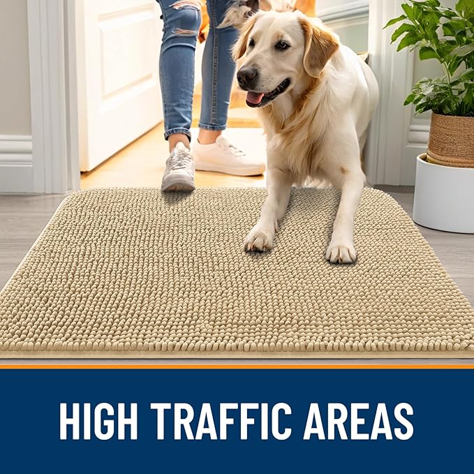 OLANLY Dog Door Mat Set 2-Piece 30x20, Absorbs Moisture and Dirt, Absorbent Non-Slip Washable Doormat, Quick Dry Chenille Mud Mat for Dogs, Entry Indoor Entryway Carpet for Inside Floor, Beige
