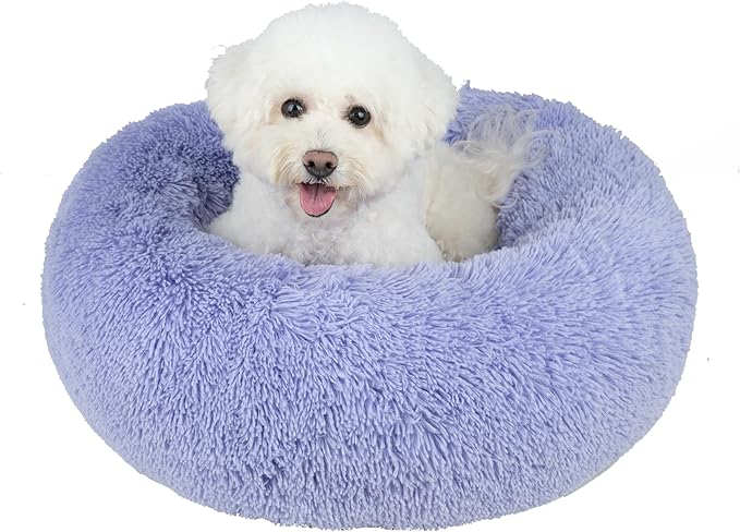 Best Pet Supplies Round Donut Dog Bed with Plush Faux Fur Fabric, Calming, Anti-Anxiety Cushion for Indoor Pets, Slip-Resistant Base, Soft Ergonomic Support - Lavender, 20x20x6''