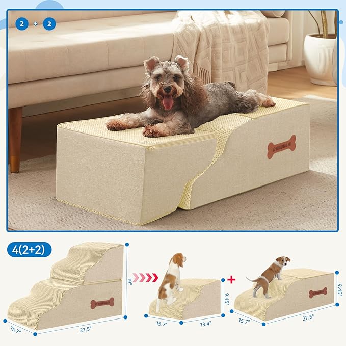 Dog Stairs 4 Steps for Small Dogs and Cats to Get on High Beds, Couch or Car, Pets Can Climb, Sit, Lie Down or Perch to Look Out Windows on The Spliceable Ramp, Provides Support, Beige（19" H）