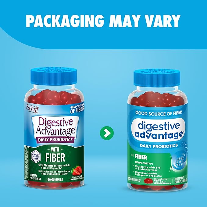 Digestive Advantage Prebiotic Fiber Gummies + Probiotics for Gut Health, 5g Prebiotic Fiber Plus 1 Billion CFU Probiotic, Supports Digestive Health & Regularity, (60ct Bottle) Strawberry Flavor*