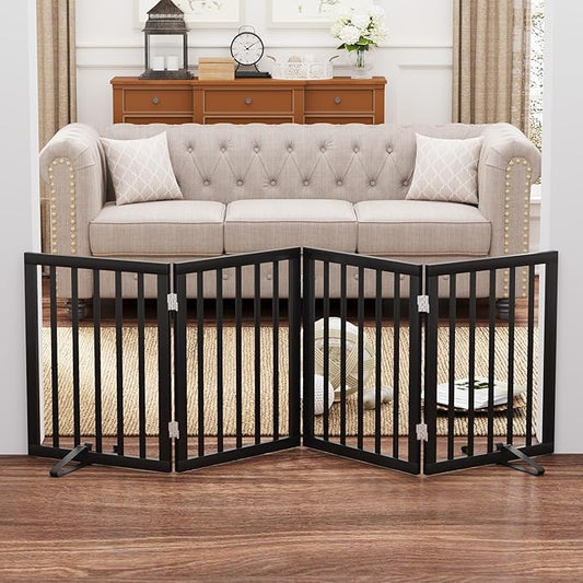 Black 37-74" Dog Gate Foldable Dog Gates for Doorways Stairs House Freestanding Pet Gate Puppy Barries 24 inches Tall
