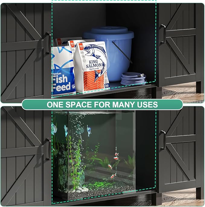 55-75 Gallon Aquarium Stand With Charging Station, Farmhouse Fish Tank Stand, Reptile Tank Stand Terrarium Stand with Drawer and Cabinet Storage, Sturdy Heavy Duty 53.5"×19.7" Tabletop - Black