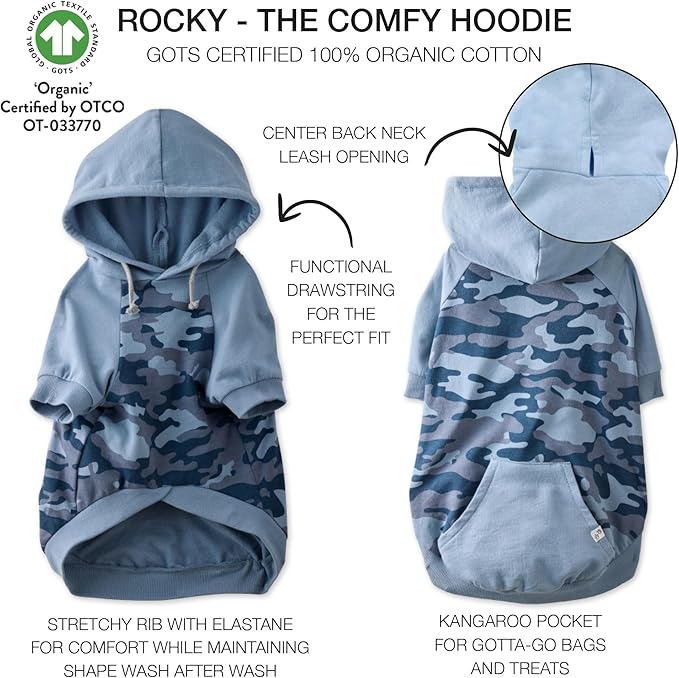 Rocky – The Orginal Lightweight Hooded TEE 100% Organic Cotton Dog Hoodie Pet Coat Sweater for Small, Medium, Large Dogs, Navy Half Camo, Small