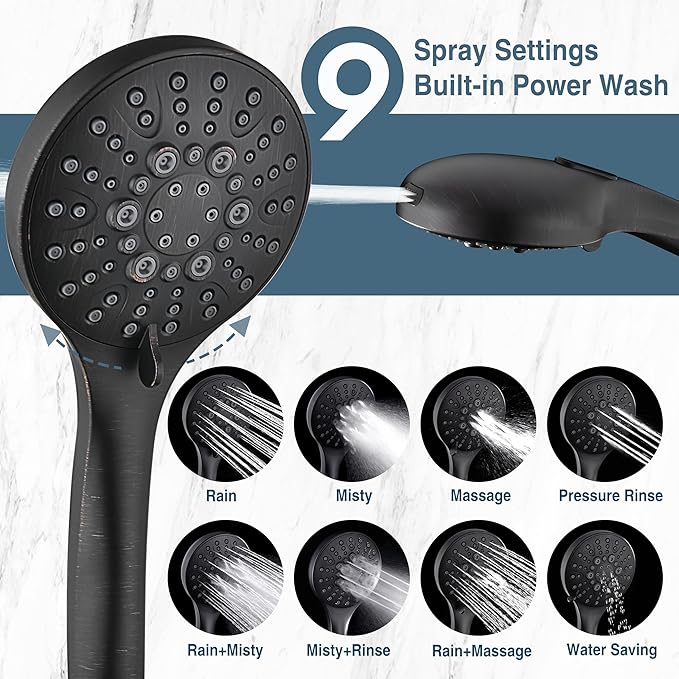 BRIGHT SHOWERS High Pressure Shower Head with Handheld, 9 Spray Settings Showerhead Built in Power Wash to Clean Tub and Pets, Extra Long 69" Hose, Adjustable Bracket, Oil-Rubbed Bronze
