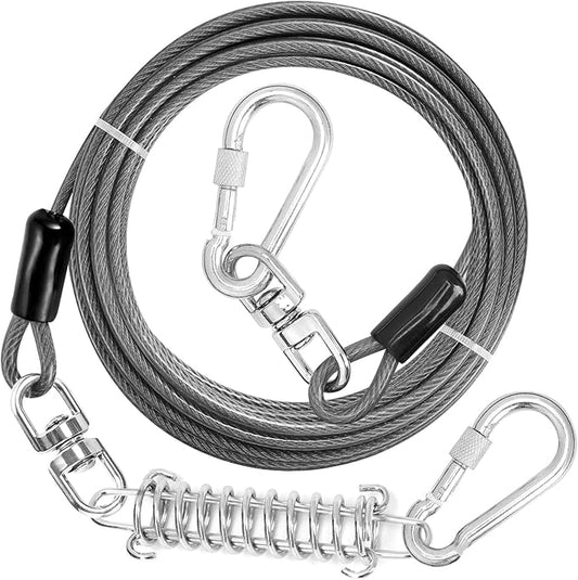 Jenico Dog Tie Out Cable - 10/15/20/30/40/50/70/100/150FT Runner Cable with Swivel Hook and Shock Spring, Leash Tether for Yard, Outdoor and Camping, Up to 500 LBS