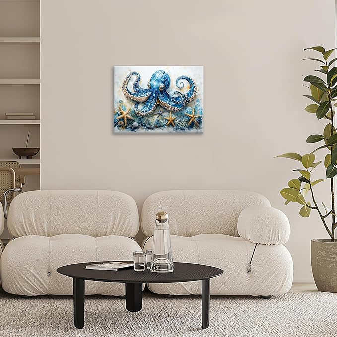 Octopus Bathroom Pictures Wall Art, Sea Animal Ocean Bathroom Wall Decor, Nautical Framed Painting Canvas Artwork for Bedroom Living Room Decorations 20"L x 16"W
