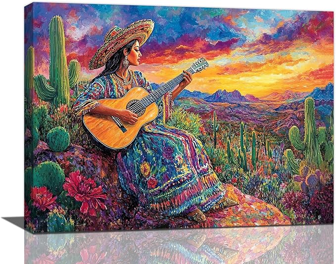 Mexican Women Pictures Wall Art, Cactus Landscape Bathroom Wall Decor, Nature Scenery Aesthetics Framed Painting Desert Modern Canvas Artwork for Bathroom Bedroom Living Room Decorations 20"L x 16"W