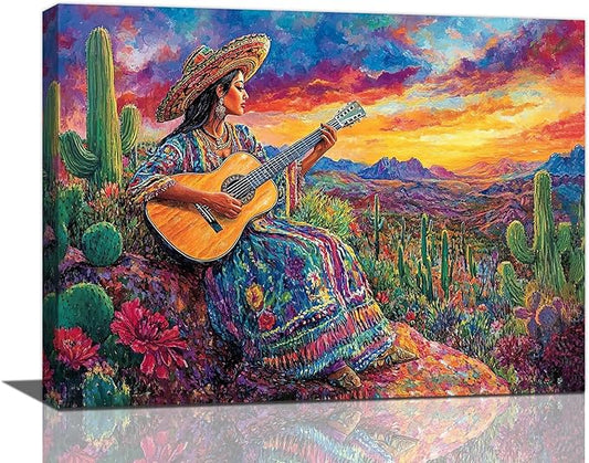 Mexican Women Pictures Wall Art, Cactus Landscape Bathroom Wall Decor, Nature Scenery Aesthetics Framed Painting Desert Modern Canvas Artwork for Bathroom Bedroom Living Room Decorations 24"L x 16"W