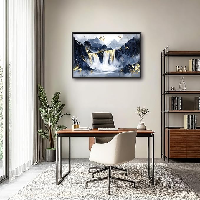 Extra Large Abstract Golden Waterfall Framed Wall Art for Living Room,Oversized Foggy Mountain Pictures Wall Decor,Canvas Print Painting Modern Artwork Bedroom Office Bathroom 36L" x 24W"