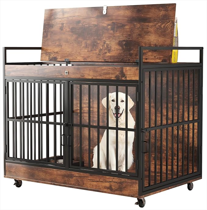 Dog Crate Furniture Large Breed with 2 Stainless Steel Bowls, Large Wooden Dog Crate Table, Escape-Proof & Chew-Proof XL Furniture, Decorate House As TV Stand, End Table, 45" L X 30" W 37" H