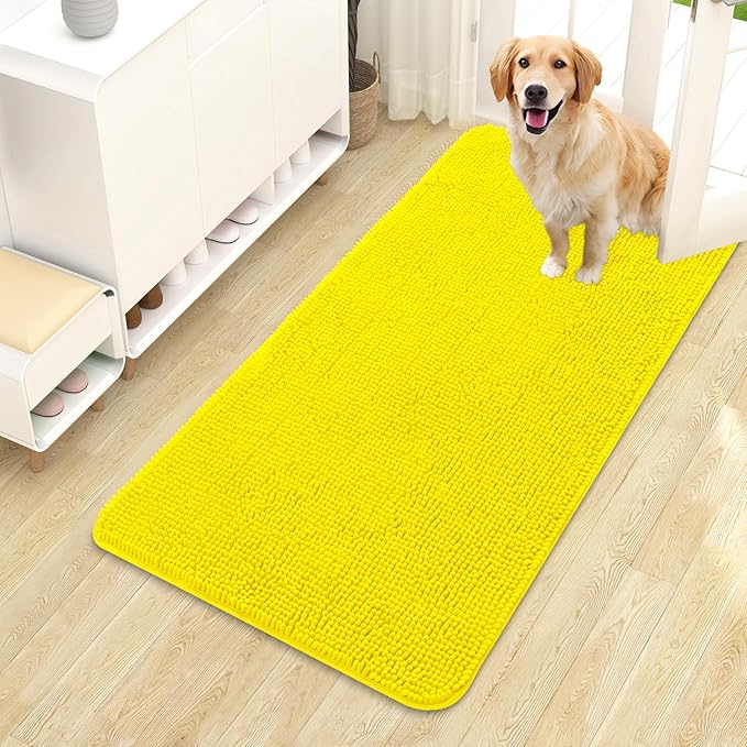 OLANLY Dog Door Mat for Muddy Paws 44x24, Absorbs Moisture and Dirt, Absorbent Non-Slip Washable Doormat, Quick Dry Chenille Mud Mat, Entry Indoor Entryway Carpet for Inside Floor, Lemon Yellow