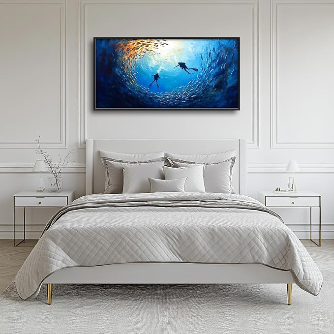 Large Ocean Diving Wall Art for Living Room, Framed Oversized Fish Wall Decor Underwater Marine Life Canvas Painting Modern Artwork for Living Room Bathroom Bedroom Office Dining Room 60"x30"