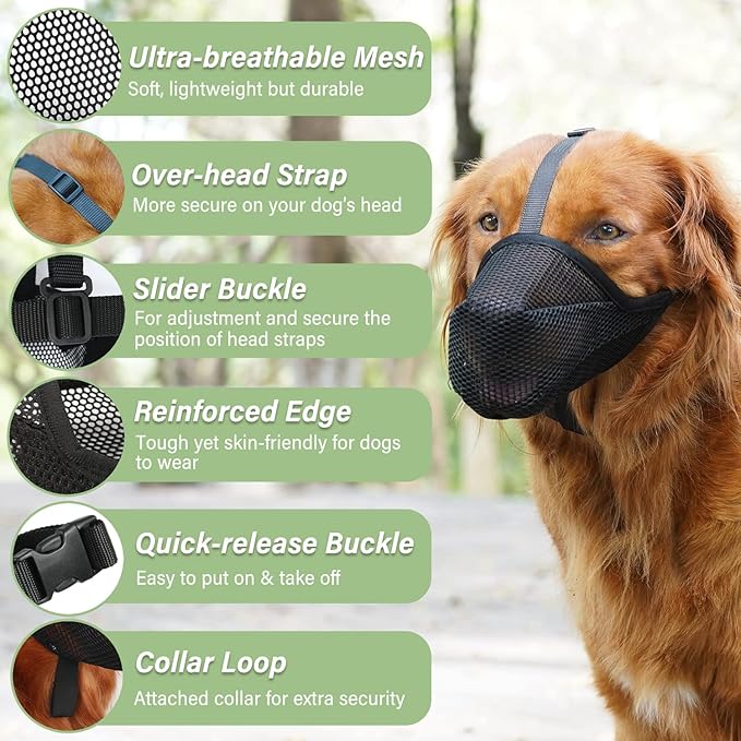 Mayerzon Dog Muzzle, Patented Soft Mesh Muzzle for Small Medium Large Dogs for Scavenging Biting Licking and Chewing, Allows to Pant and Drink (XXS, Black)