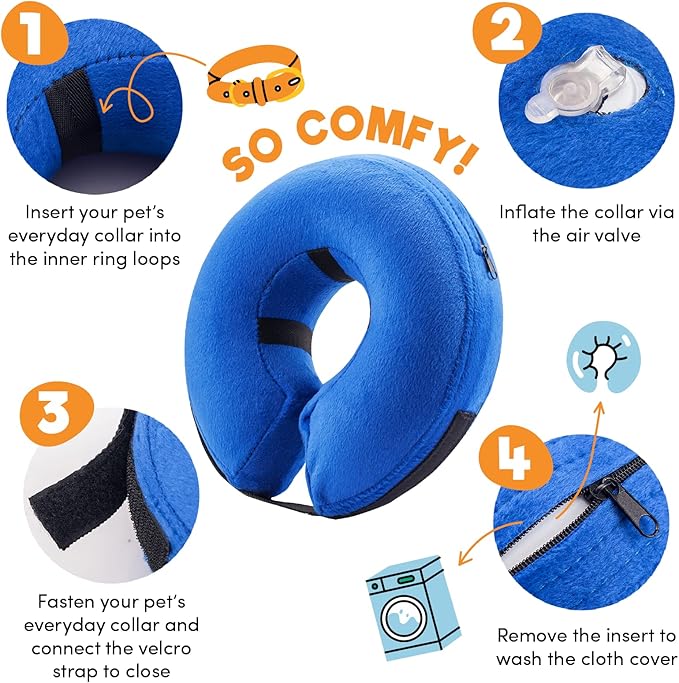 BENCMATE Inflatable Dog Cone Collar Alternative, Soft Dog Cone for Small Medium Large Dogs and Cats, Neck Recovery ECollar Donut Collar After Surgery (Medium+, Blue)