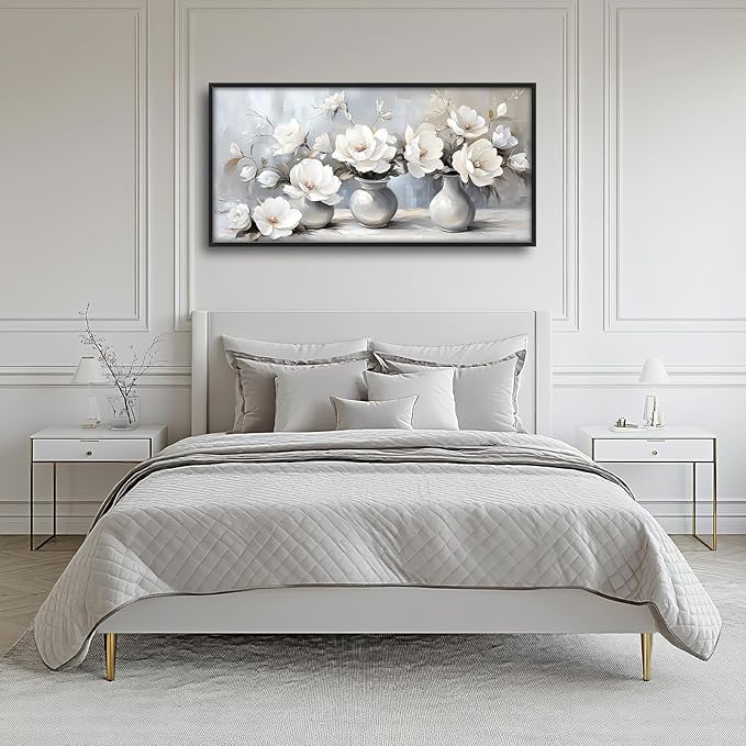 Large Farmhouse Floral Wall Art for Living Room, Framed Oversized White Flower Vase Wall Decor Grey Floral Canvas Painting Pictures Modern Artwork for Bathroom Bedroom Office Dining Room 60"x30"