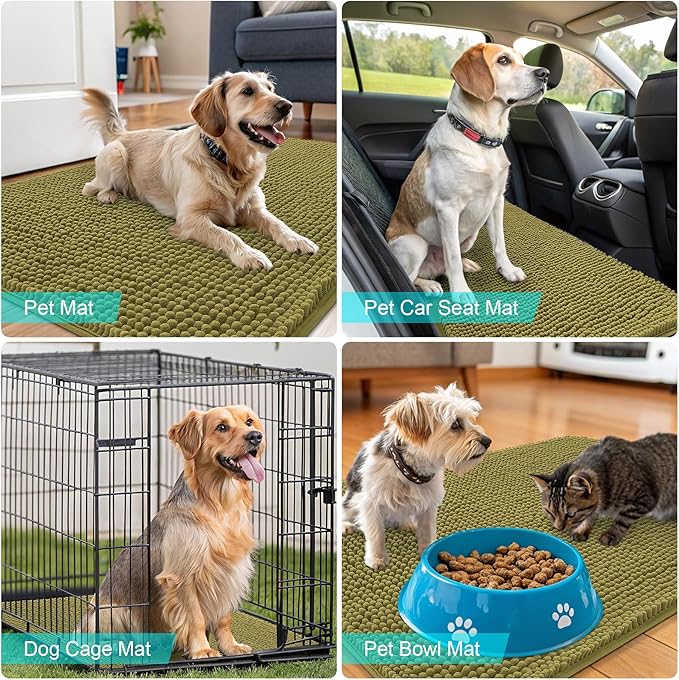 OLANLY Dog Door Mat for Muddy Paws 44x24, Absorbs Moisture and Dirt, Absorbent Non-Slip Washable Doormat, Quick Dry Chenille Mud Mat, Entry Indoor Entryway Carpet for Inside Floor, Willow Green