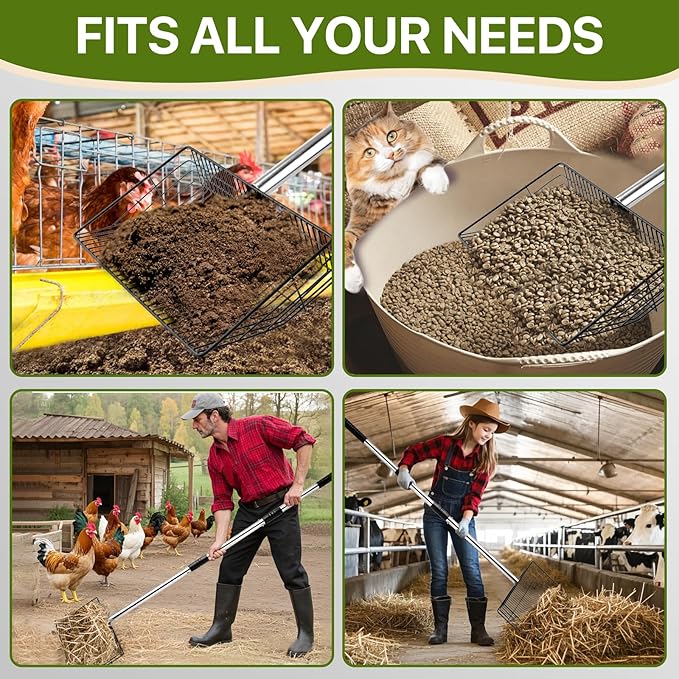 Chicken Poop Scooper with Long Handle- Coop Scoop with 24-68" Adjustable Stainless Handle, 4-in-1 Sifter Shovel for Poultry Waste Cleaning Accessories (Black)