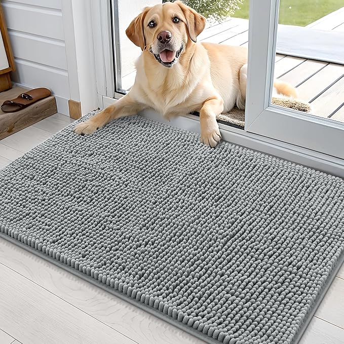OLANLY Dog Door Mat for Muddy Paws 36x24, Absorbs Moisture and Dirt, Absorbent Non-Slip Washable Doormat, Quick Dry Chenille Mud Mat for Dogs, Entry Indoor Entryway Carpet for Inside Floor, Grey