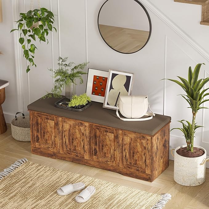 DINZI LVJ Shoe Bench, Entryway Storage Bench with Doors, Cushion, 2-Tier Shoe Rack with 8-Cubby, 47.2”L x 13.8”W Shoe Organizer Cabinet, Adjustable Shelf, Living Room, Bedroom, Rustic Brown