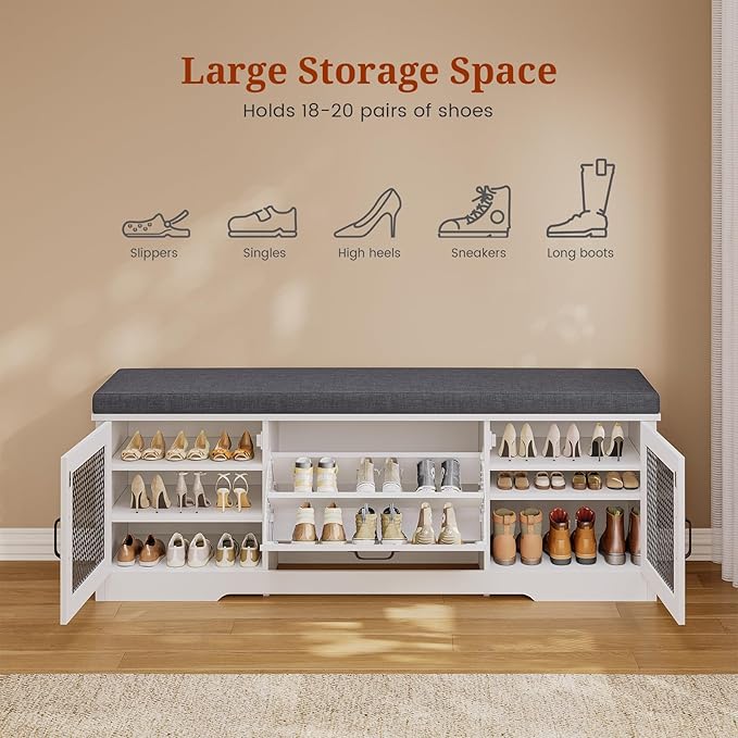 Farmhouse Storage Bench with Flip Drawers & Padded Seat Cushion, Half Hidden Shoe Rack Organizer, Adjustable Shelf Shoe Cabinet for Large Family, Entryway, Bedroom, Living Room (White)