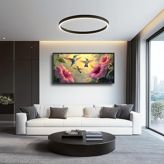 Framed Large Hummingbird Wall Art for Living Room, Oversized Rustic Bird Flower Wall Decor Floral Canvas Painting Nature Sunrise Pictures Modern Artwork for Bedroom Office Dinging Room 60"x30"