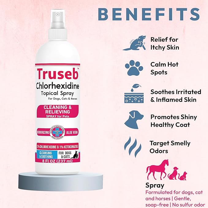 Truseb Topical Ketoconazole and Chlorhexidine Spray for Dogs, Cats, and Horses with Aloe - 8 oz (Ketoconazole & Chlorhexidine Spray, 8 oz)