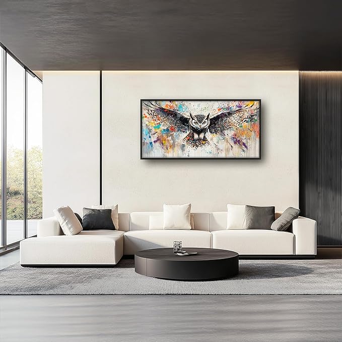 Large Owl Wall Art for Living Room, Framed Oversized Banksy Owl Wall Decor Colorful Wildlife Canvas Painting Animal Pictures Modern Artwork for Living Room Bathroom Bedroom Office Dining Room 60"x30"
