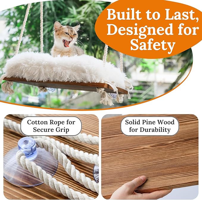 Cat Window Perch - Hammock Bed for Cats Inside - Solid Wood Seat, 4 Strong Suction Cups, Soft Cushion - Rustic Indoor Pet Shelf