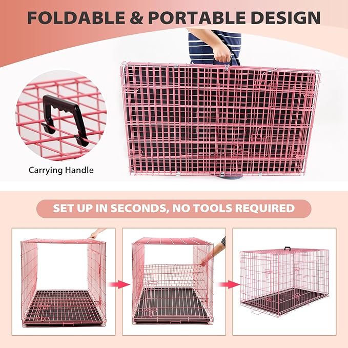 BestPet | Dog Crate | 24" | Pink | Foldable Metal Kennel with Double Doors, Secure Slide-Bolt Latches, Leakproof Tray | Portable Dog Cage for Small Breeds | for Travel, Indoor & Outdoor Use