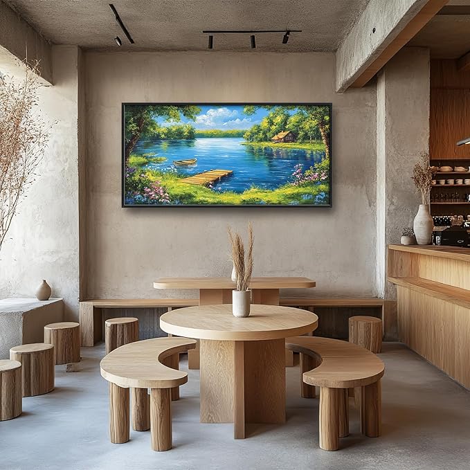 Large Lake Cabin Wall Art for Living Room, Framed Oversized Tree Boat Wildflowers Wall Decor Nature Landscape Canvas Painting Modern Artwork for Bathroom Bedroom Office Dining Room 60"x30"