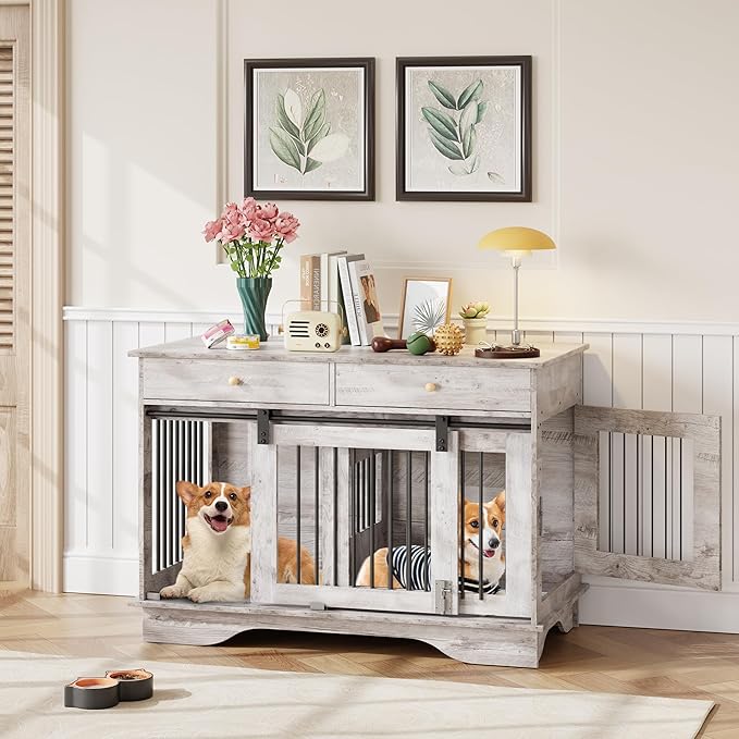 Dog Furniture Crate, 47" Large Dog Crate Furniture w/ 2 Storage Draws & Removable Divider for Large/Medium/Small Dogs (Grey, One Cage)