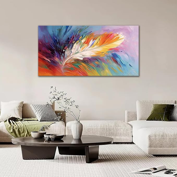 Large Abstract Wall Art for Living Room Abstract Colorful Feather Big Space Size Feather Scenery Landscape Framed Canvas Prints Pictures Painting Artwork Office Bedroom Home Decor 30"x60"