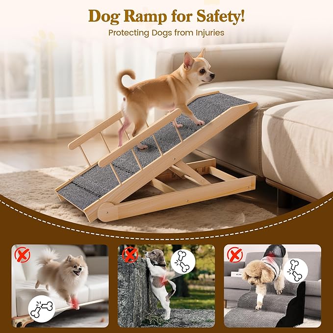 Dog Ramp for Bed, 47" Long Non-Slip Portable Pet Ramp for Small Large Dogs, Wooden Adjustable Dog Ramps for Bed, Couch, Car -Non Slip Carpet Surface and Foot Pads, Height from 12" to 24", Up to 200LBS