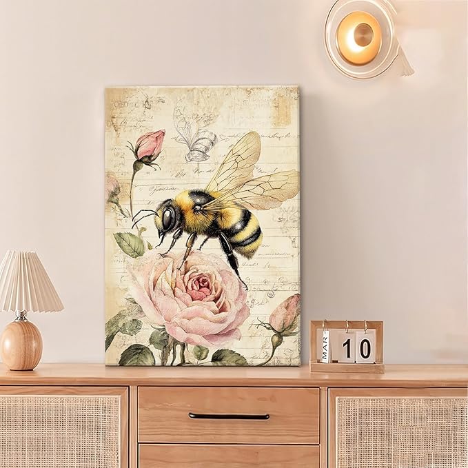 Rustic Bee Bathroom Pictures Wall Art, Vintage Floral Bathroom Wall Decor, Pink Rose Flower Framed Painting Canvas Artwork for Bedroom Living Room Decorations 24"L x 16"W