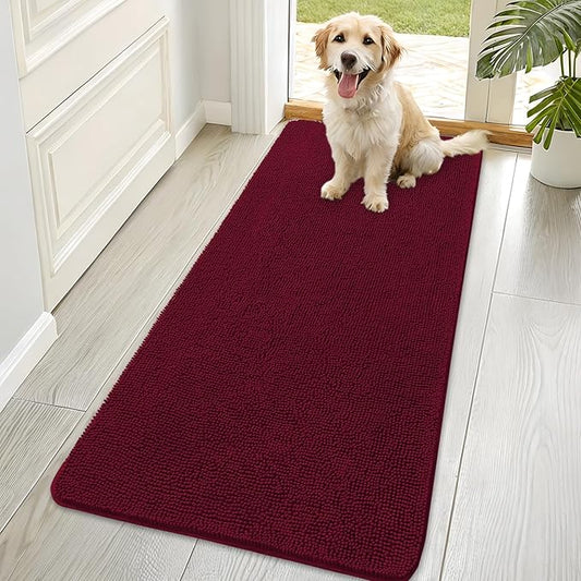 OLANLY Dog Door Mat for Muddy Paws 70x35, Absorbs Moisture and Dirt, Absorbent Non-Slip Washable Doormat, Quick Dry Chenille Mud Mat for Dogs, Entry Indoor Entryway Carpet for Inside Floor, Burgundy