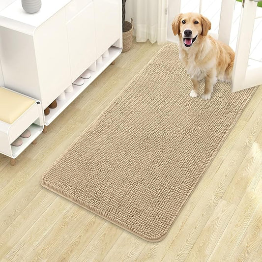 OLANLY Dog Door Mat for Muddy Paws 40x24, Absorbs Moisture and Dirt, Absorbent Non-Slip Washable Doormat, Quick Dry Chenille Mud Mat for Dogs, Entry Indoor Entryway Carpet for Inside Floor, Beige