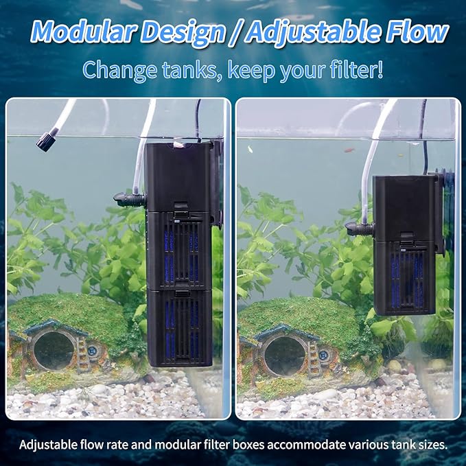 Aquarium Filter Water Flow Adjustable for 20-75 Gallon Fish Turtle Tank 264GPH 4in1 Biochemical Filtration Powerful Submersible Internal Pumps & Filters Keep Freshwater Saltwater Crystal Clear Small