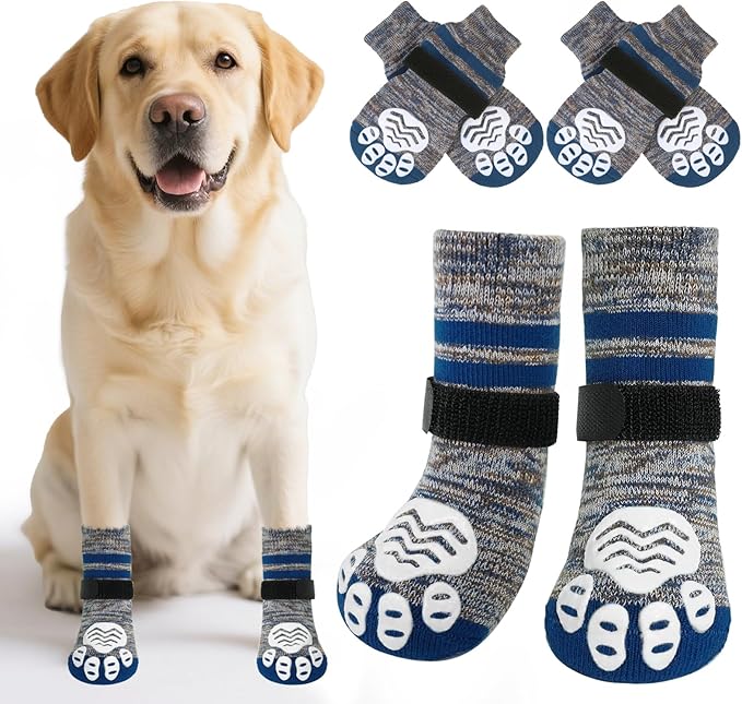 PUPTECK Non-Slip Dog Socks to Prevent Licking Paws, Double Sides Dog Boots & Paw Protectors Booties on Hardwood Floors Hot Pavement with Grippers, for Small Medium Large Senior Dogs, Navy Blue L