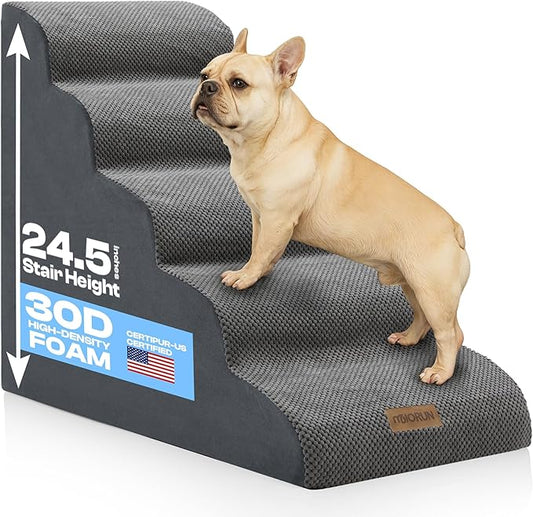 5-Step Curved Dog Stairs for High Beds Up to 30", Non-Slip Foam Pet Ramp for Large Dogs and Cats, Washable Cover, Soft Climbing Steps for Couch & Sofa