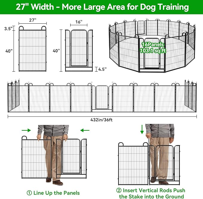 Dog Playpen Outdoor 16 Panels Heavy Duty Dog Fence 40" Height Anti-Rust with Doors Portable for RV Camping Yard, Total 36FT, 102 Sq.ft, Snowy Black