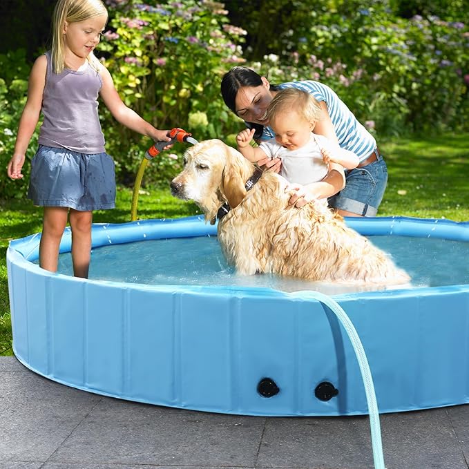 71" Large Dog Pool with Sprinkler, 2-in-1 Foldable Swimming Pool Non-Slip Hard Plastic Splash Sprinkler Kiddie Pool for Outdoor Backyard Kids Dogs Ducks and Pet Baths