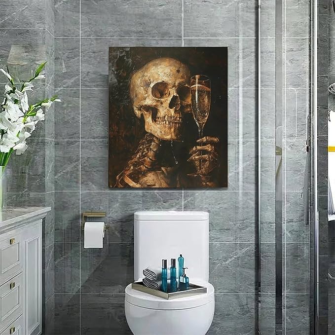 Quorin Gothic Skeleton Wall Art Goth Skull Champagne Wall Decor Dark Academia Pictures Horror Canvas Print Painting Artwork for Bathroom Living Room Bedroom 20"x24"