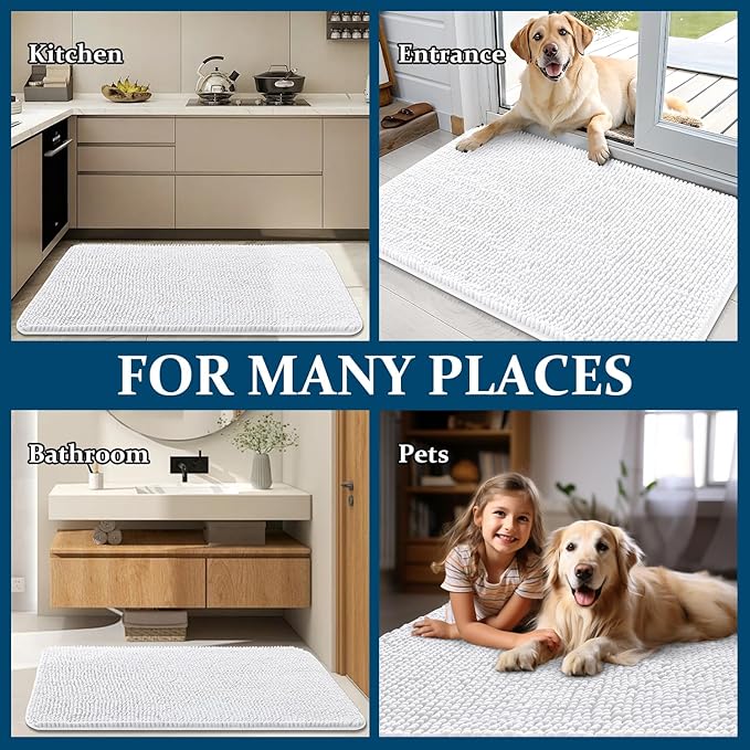 OLANLY Dog Door Mat for Muddy Paws 47x24, Absorbs Moisture and Dirt, Absorbent Non-Slip Washable Doormat, Quick Dry Chenille Mud Mat for Dogs, Entry Indoor Entryway Carpet for Inside Floor, White