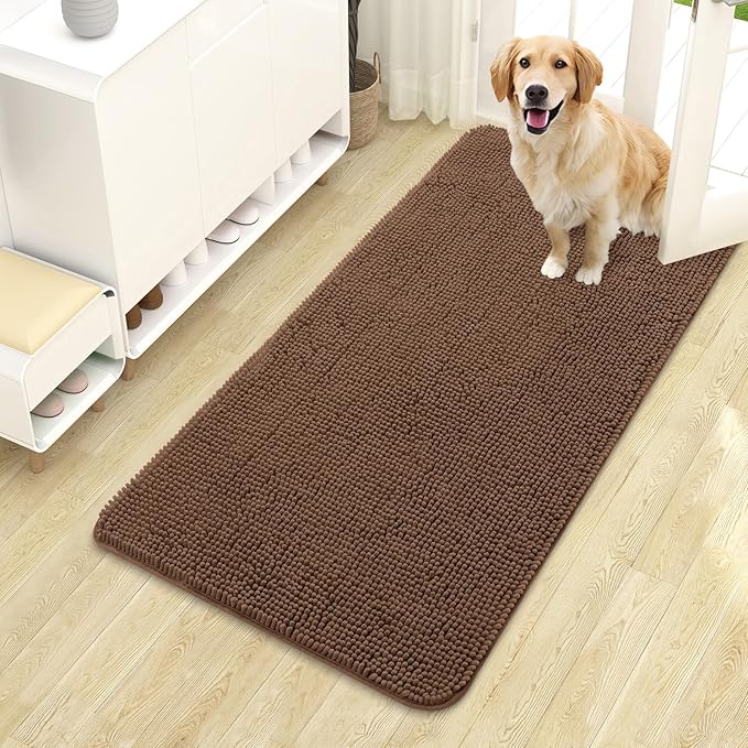 OLANLY Dog Door Mat for Muddy Paws 44x24, Absorbs Moisture and Dirt, Absorbent Non-Slip Washable Doormat, Quick Dry Chenille Mud Mat for Dogs, Entry Indoor Entryway Carpet for Inside Floor, Mocha